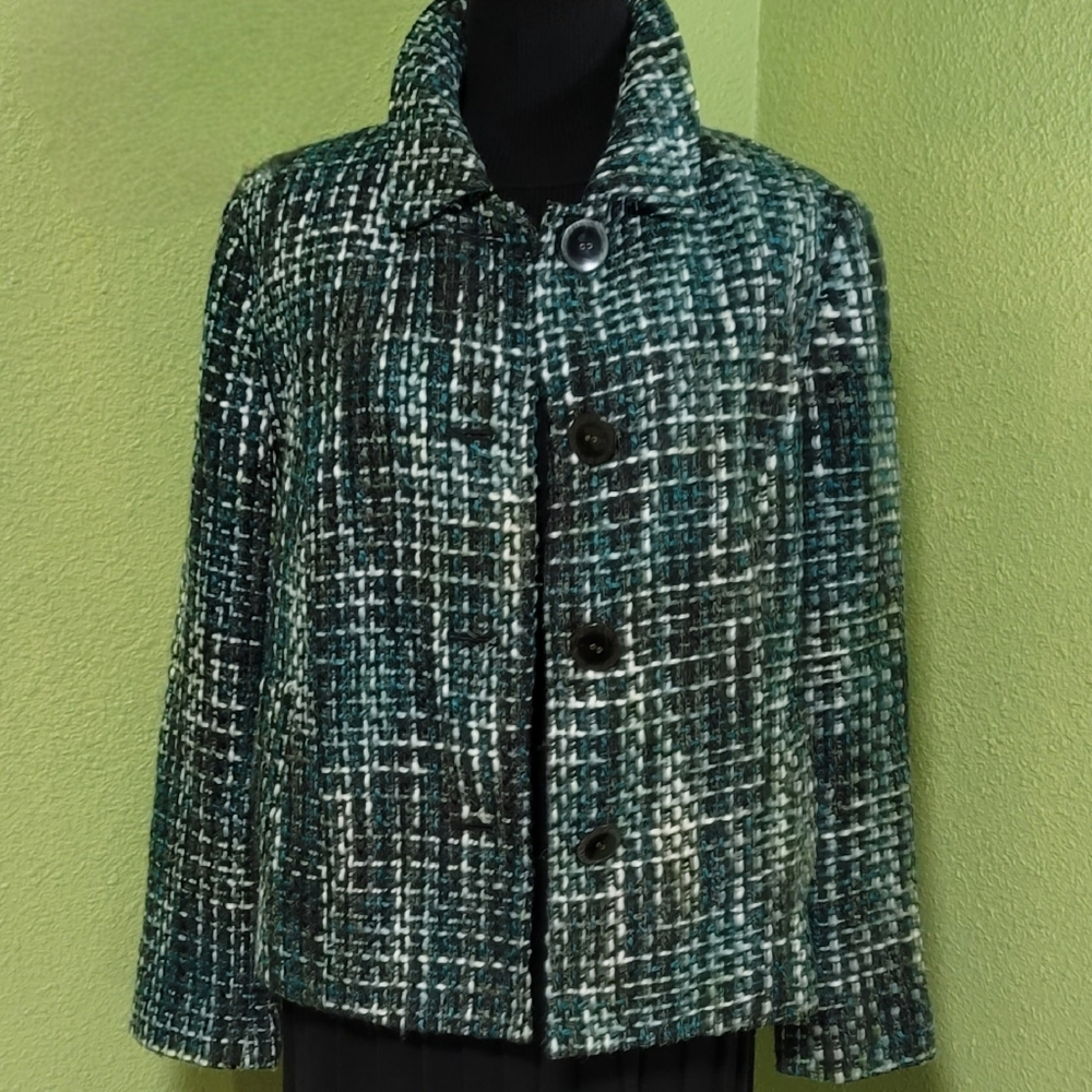 Vintage JM Collection Women's Tweed Plaid Pattern Jacket Teal,Blk, White Sz 12 - Picture 4 of 12